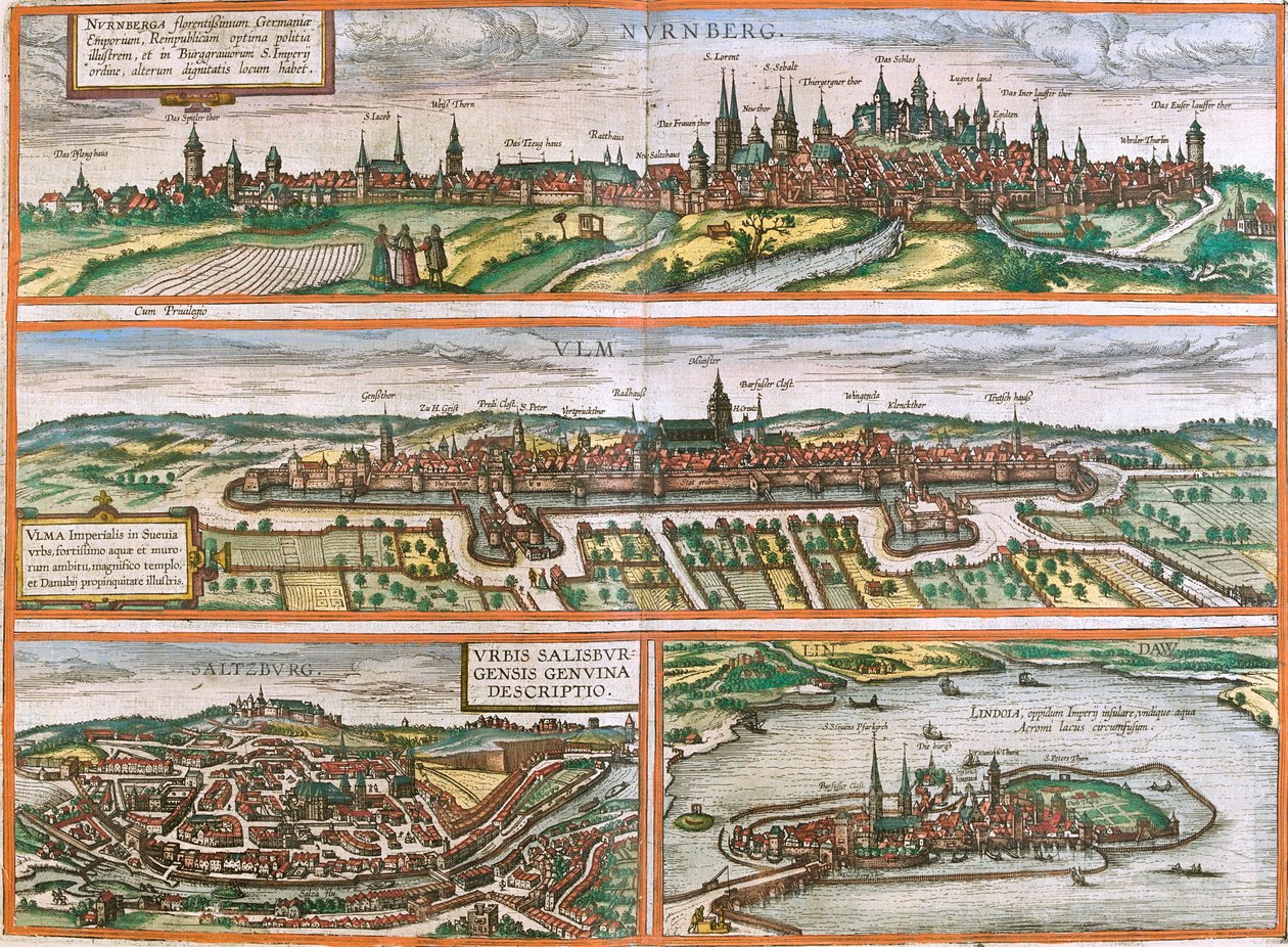 Näkymät Nürnbergiin (Nurnberga), Ulmiin (Ulma), Lindauhun (Lindolaan), Saksaan ja Salzburgiin (Salisburgensis) Itävallassa (etsaus tekijältä Franz Hogenberg