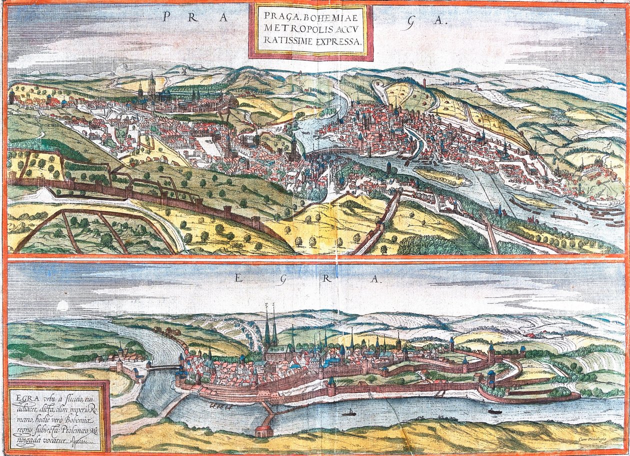 Näkymät Prahaan (Praga) ja Egraan, Tšekkiin (etsaus tekijältä Franz Hogenberg