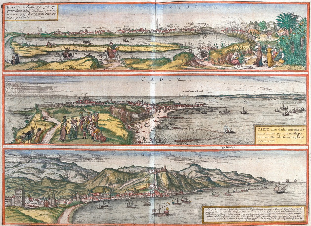 Näkymät Sevillaan (Sevilla), Cádiziin (Cadiz) ja Malagaan, Espanjaan (etsaus tekijältä Franz Hogenberg