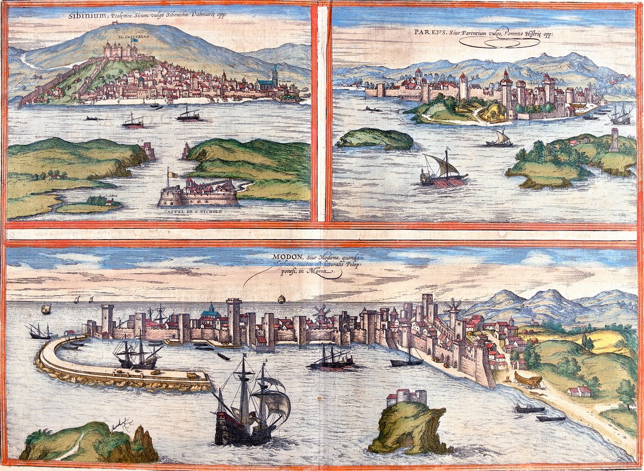 Näkymät Sibenikiin (Sibinium, Sibenicho), Poreciin (Vanhemmat, Vanhemmat), Kroatiaan ja Modoniin (Modona), Kreikkaan (etsaus) tekijältä Franz Hogenberg