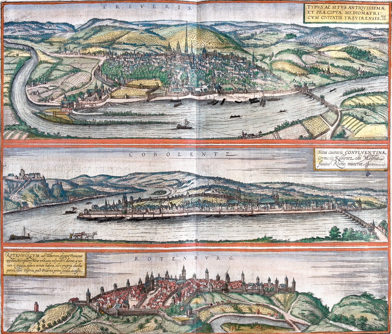 Näkymät Treves (Treveris), Koblenz (Coboletz) ja Rothenburg (Rotenburgum), Saksa (etsaus) tekijältä Franz Hogenberg