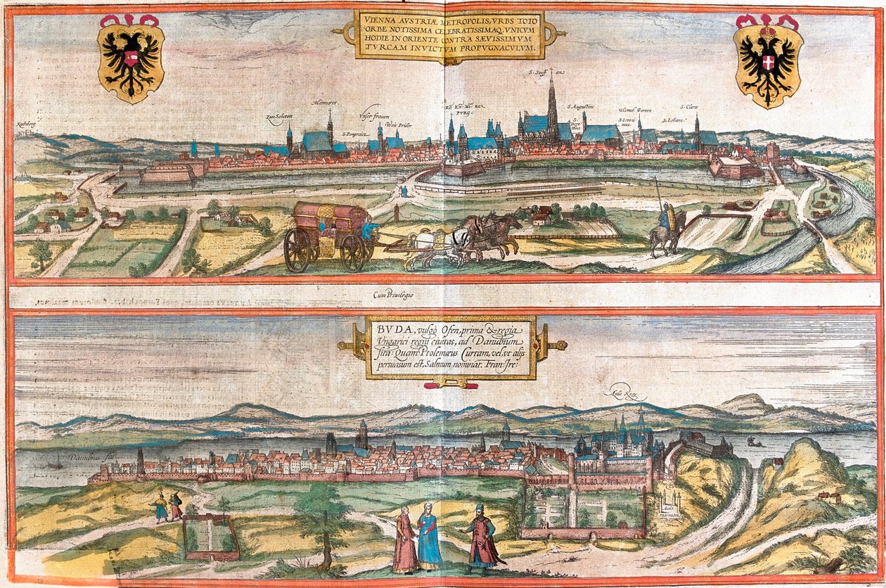 Näkymät Wieniin (Wien), Itävaltaan ja Budapestiin (Buda), Unkariin (etsaus tekijältä Franz Hogenberg