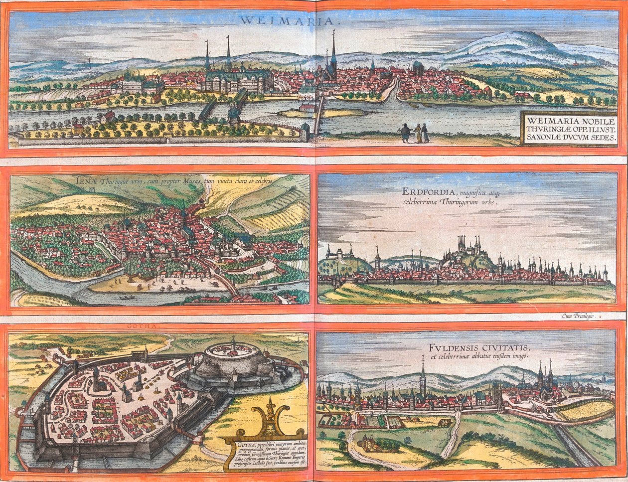 Näkymät Weimar (Weimaria), Iena, Erfurt (Erdfordia), Gotha ja Fulde (Fuldensis), Saksa (etsaus). tekijältä Franz Hogenberg