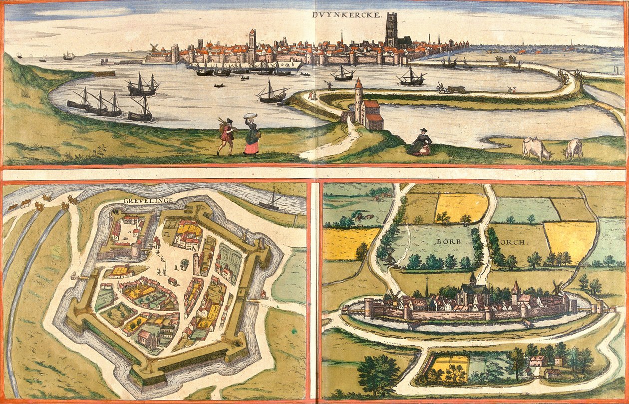 Näkymät Dunkerque (Duynkercke), Gravelines (Grevelinge) ja Bourbourg (Borborch), Ranska (etsaus) tekijältä Franz Hogenberg