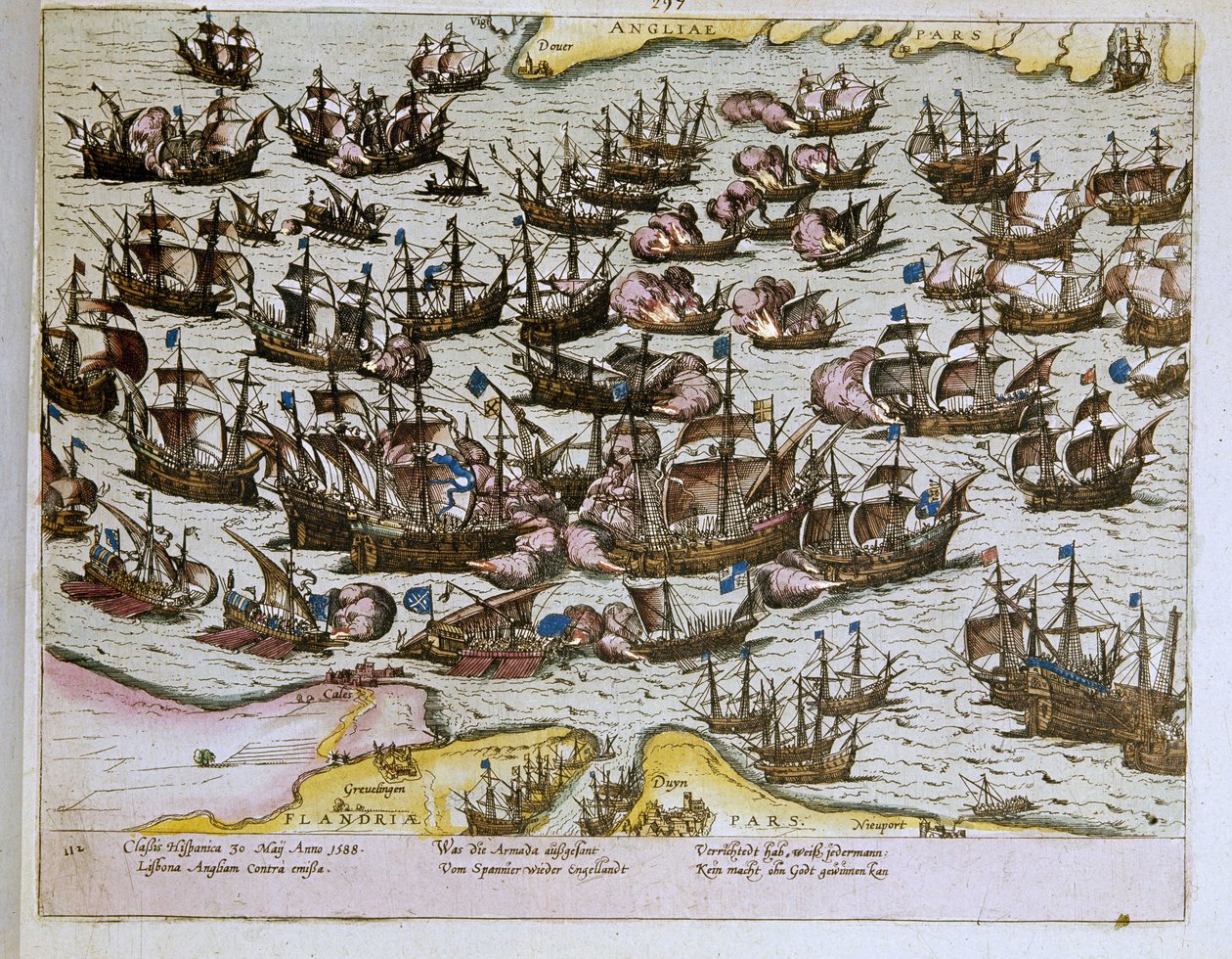 voittamattoman espanjalaisen Armadan tappio Englannin rannoilla 8.8.1588, kuva vuodelta 1653 (kaiverrus) tekijältä Franz Hogenberg
