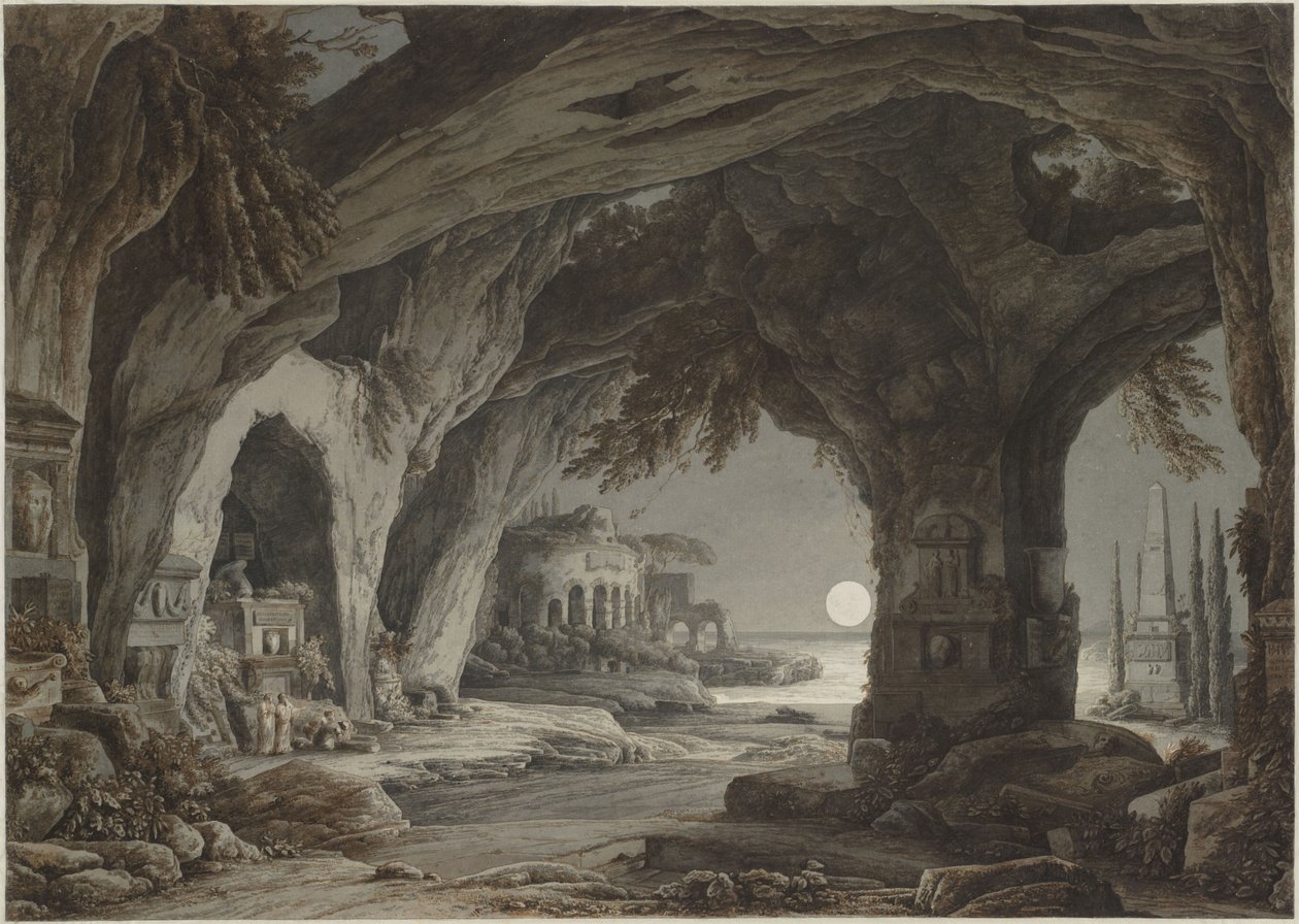 Ihanteellinen maisema kiviluolalla, hautoja ja raunioita kuunvalossa, c. 1790. tekijältä Franz Innocenz Josef Kobell