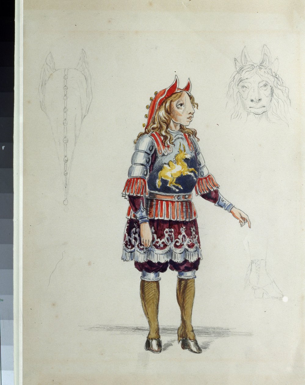 Pukusuunnittelu Cesare Pugnin (1802-1870) balettiin "Le petit cheval humpback" (C. Pugnin pukusuunnittelu baletille The Little Humpbacked Horse). Pieni hevonen. Franz Iosifovich Nordmarkin työ, lyijykynä ja akvarelli paperille tekijältä Franz Iosifovich Nordmark