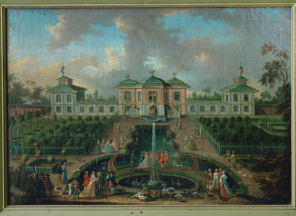 Hovielämää Augustusburgin palatsin puistossa Intian talon ympärillä, näkymä lännestä ... tekijältä Franz Jakob Rousseau