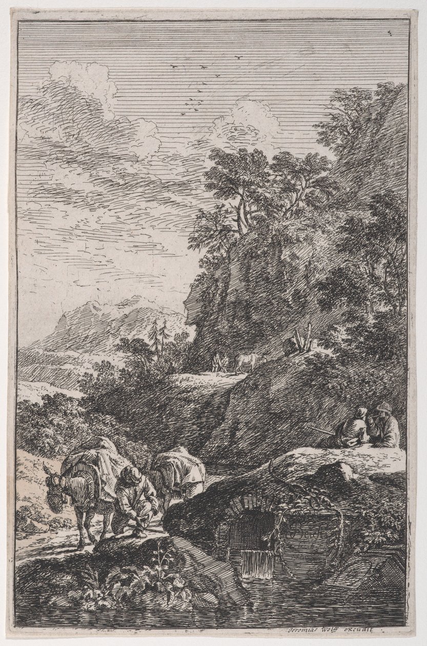 Levy 1: talonpoika tarkastamassa muulinsa kaviota virran äärellä, julkaisusta "Maisemat in t..., n. 1700-25. tekijältä Franz Joachim Beich