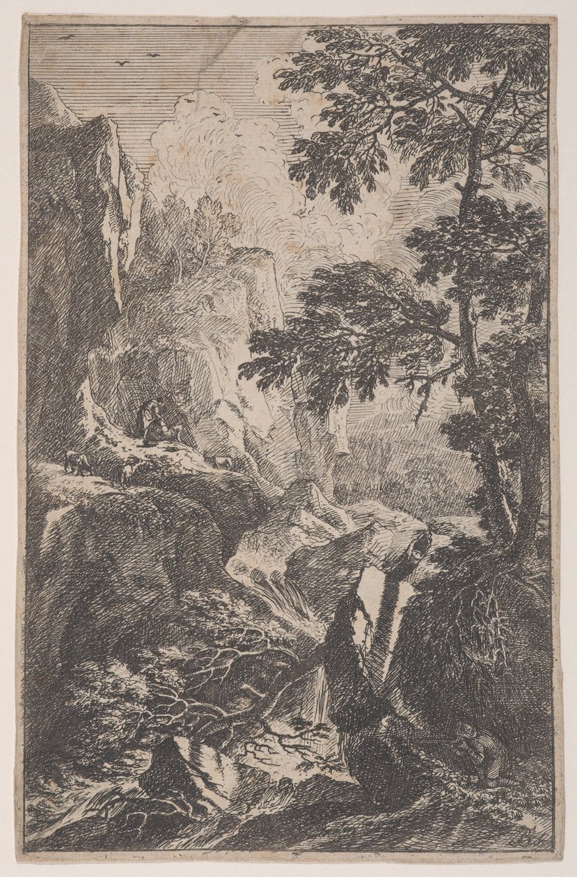 Levy 2: metsästäjä, joka tähtää aseella, polvistuu suuren kiven vieressä oikealla, ma..., n. 1700-25. tekijältä Franz Joachim Beich