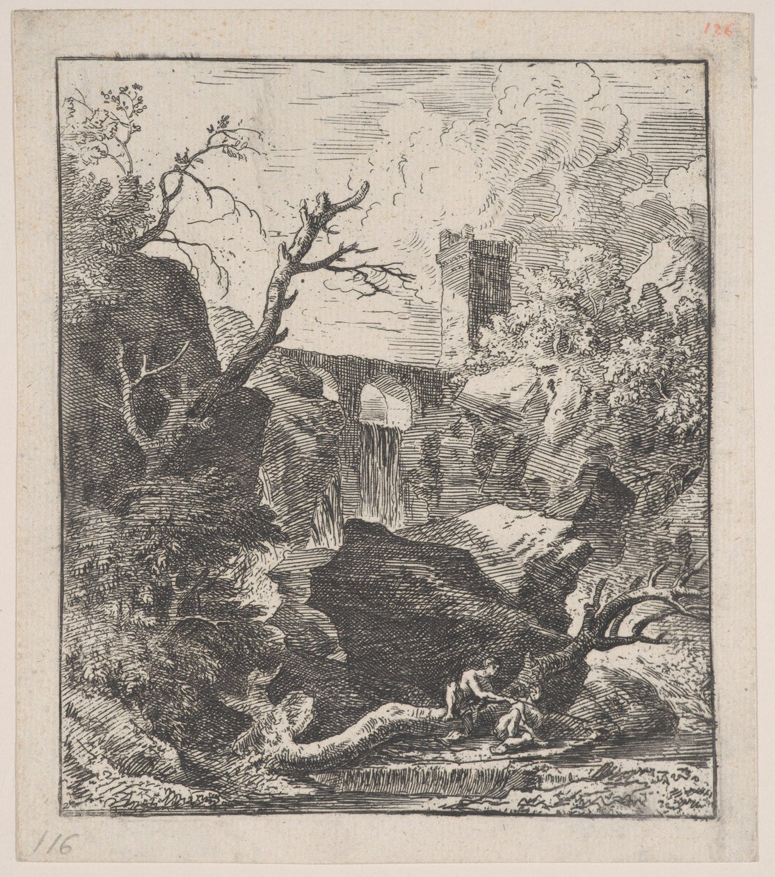 Levy 2: kaksi hahmoa istumassa puunrungolla virran rannalla etualalla,..., n. 1700-25. tekijältä Franz Joachim Beich