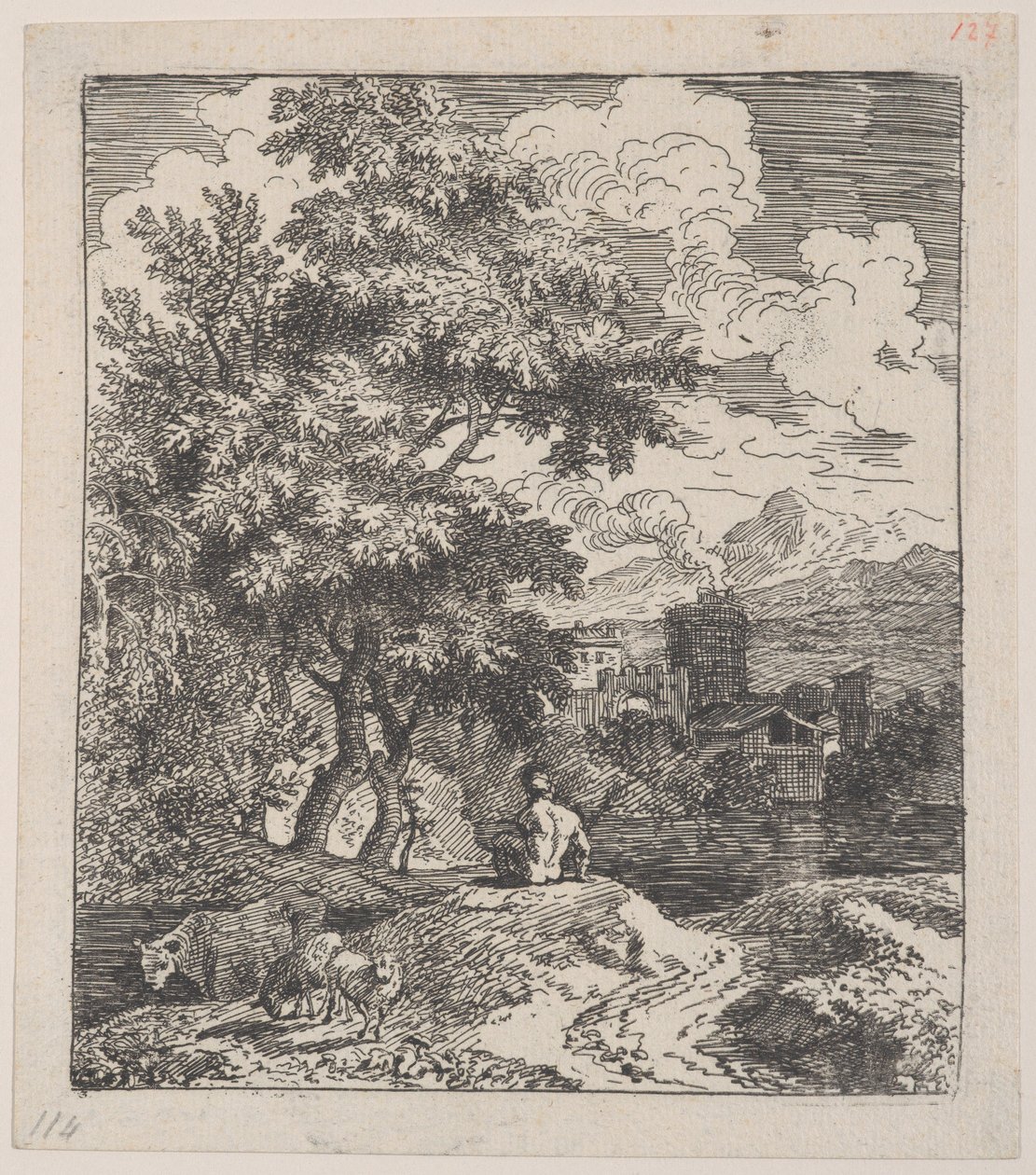 Levy 3: paimen istuu kukkulalla, lehmä ja kaksi lammasta vasemmalla ja kaupunki ri..., n. 1700-25. tekijältä Franz Joachim Beich
