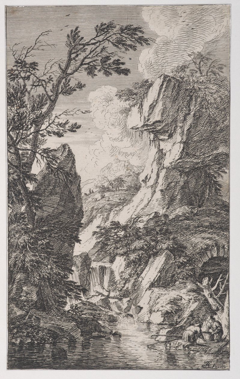 Levy 4: kaksi kalastajaa virran rannalla oikealla, vesiputous keskellä, edestä..., n. 1700-25. tekijältä Franz Joachim Beich