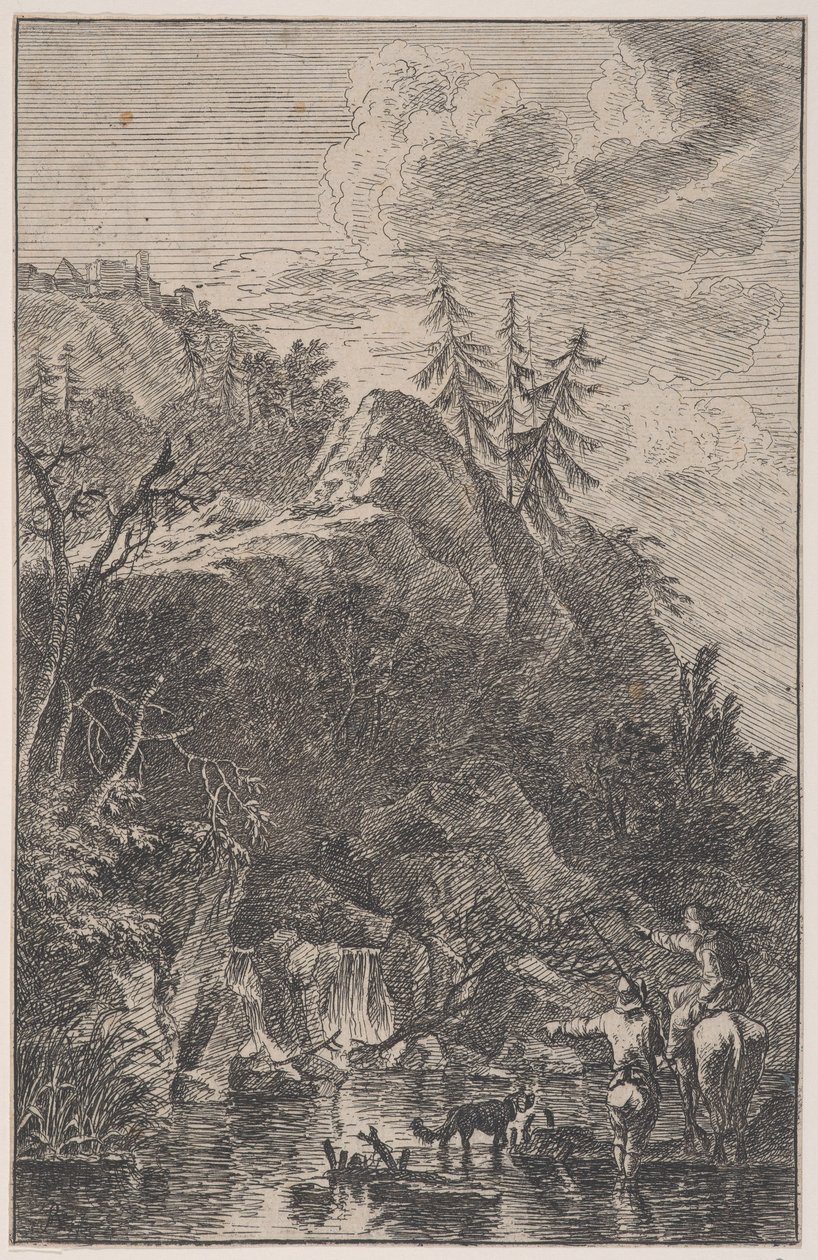 Levy 5: naishahmo hevosen selässä ja uroshahmo koiran kanssa seisomassa jonossa..., n. 1700-25. tekijältä Franz Joachim Beich