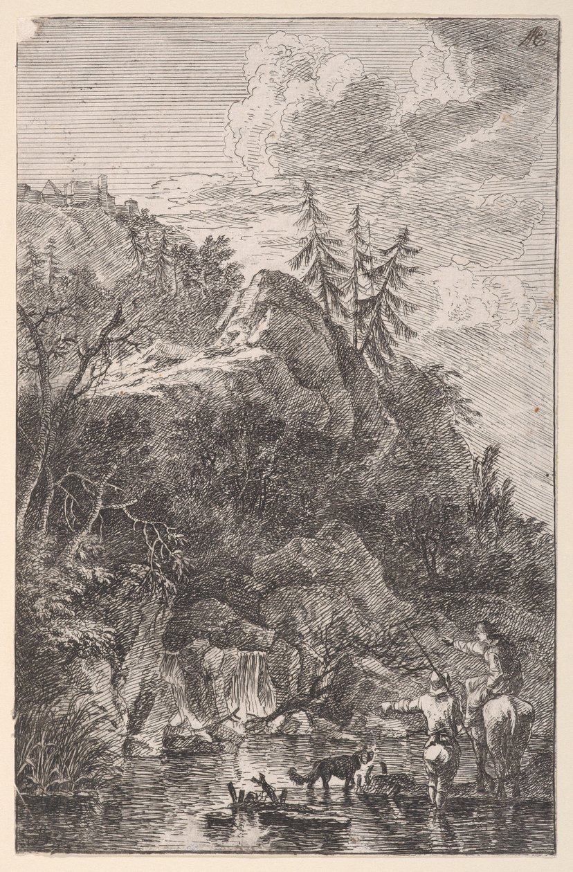 Levy 5: naishahmo hevosen selässä ja uroshahmo koiran kanssa seisomassa jonossa..., n. 1700-25. tekijältä Franz Joachim Beich