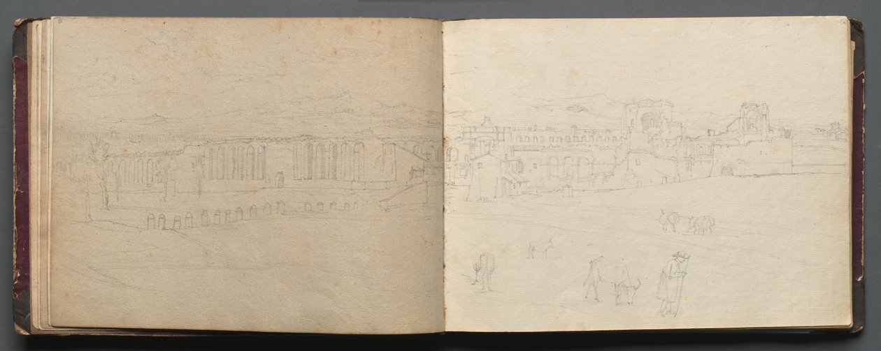 Albumi näkymistä Roomaan ja ympäristöön, Maisematutkimukset, sivu 08b ja 09 a: Panoraamanäkymä Roomaan tekijältä Franz Johann Heinrich Nadorp