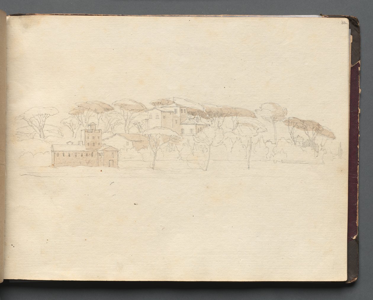 Albumi näkymistä Roomaan ja ympäristöön, Maisematutkimukset, sivu 30a: Roomalainen panoraamanäkymä. tekijältä Franz Johann Heinrich Nadorp