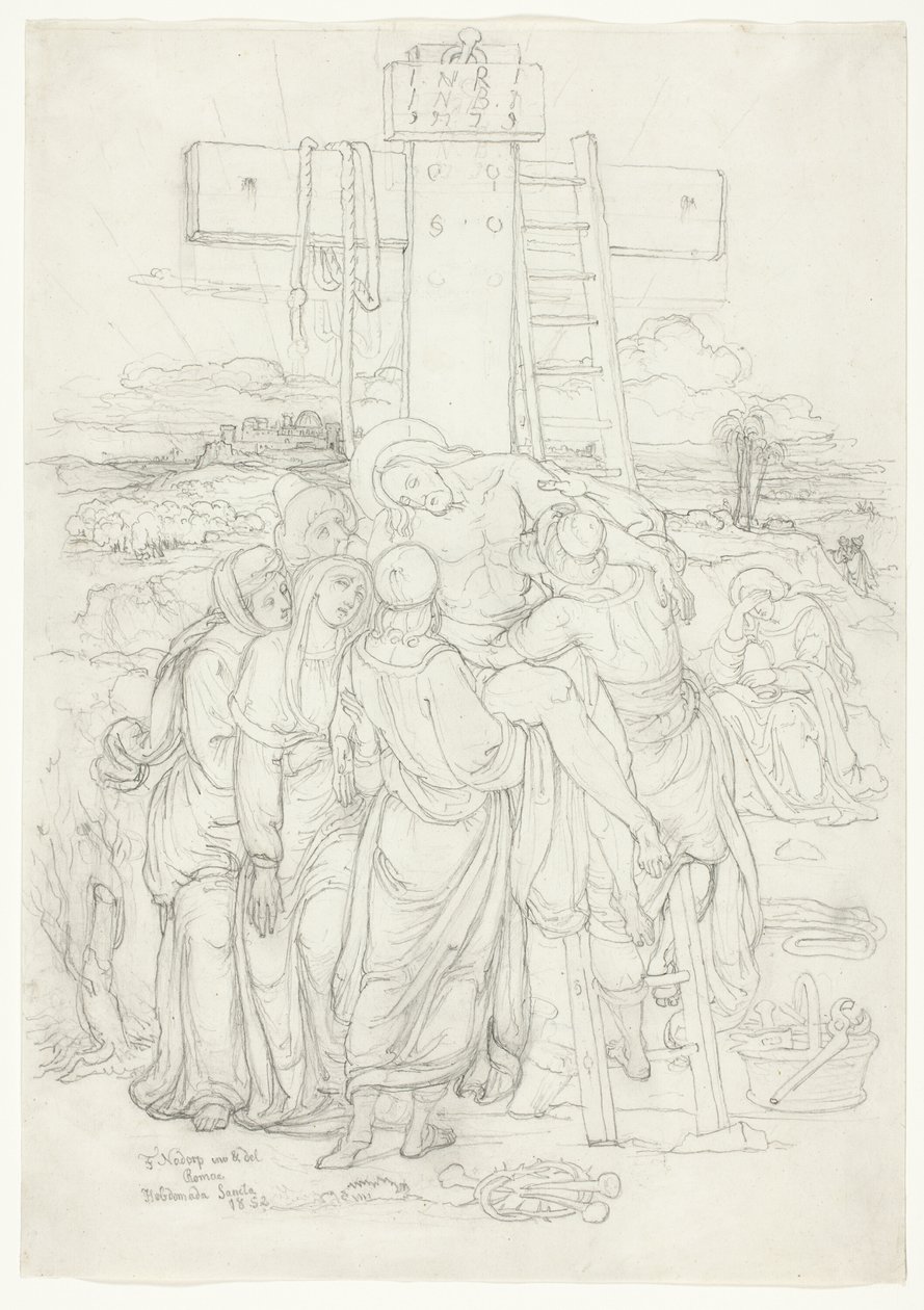 Baixada de la creu amb una silueta de Jerusalem al fons finlandès tekijältä Franz Johann Heinrich Nadorp
