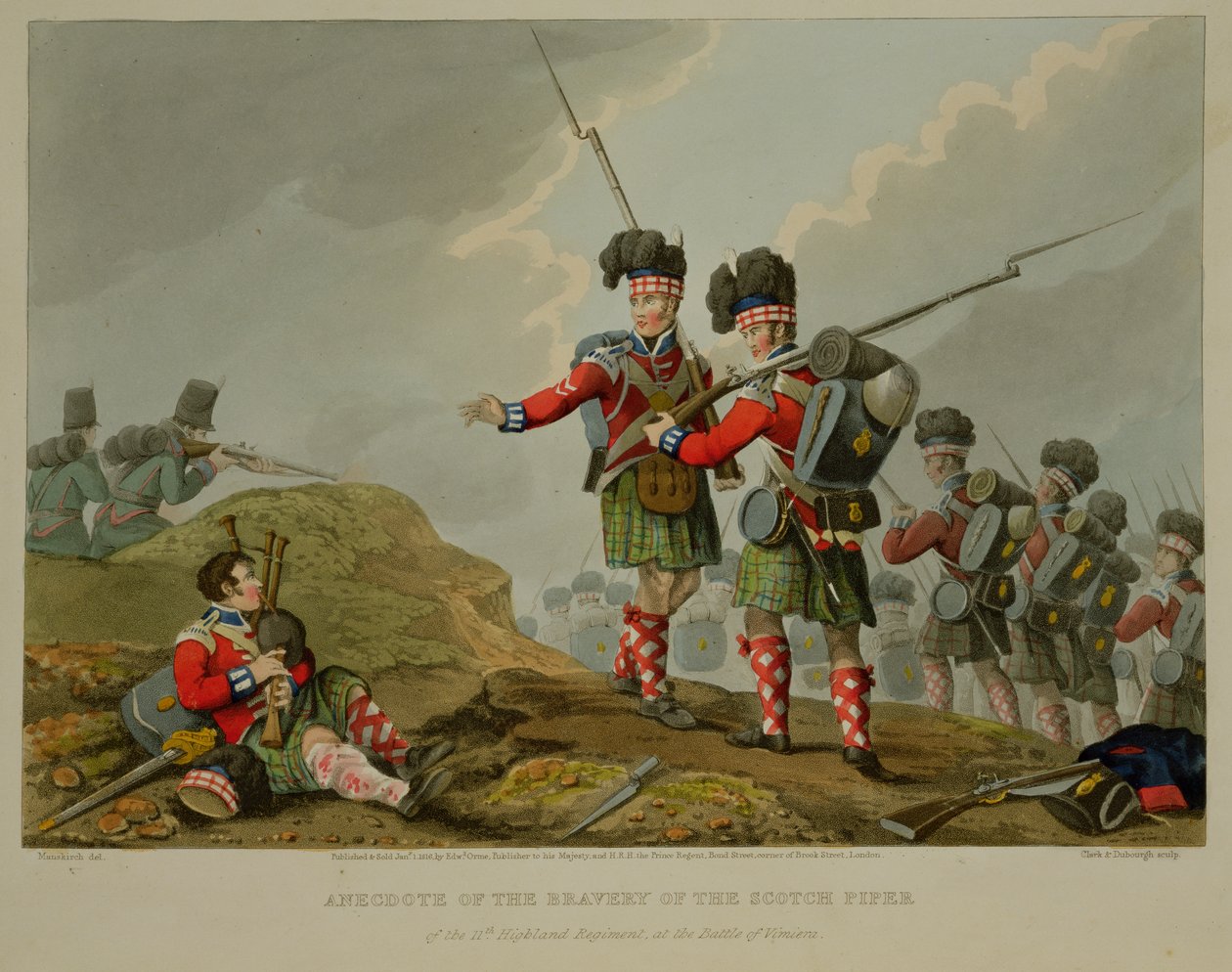 Anekdootti 11. Highland rykmentin Scotch Piperin rohkeudesta Vimieron taistelussa, kaiverrettu John Heaviside Clarkin (n.1771-1863) ja Matthew Dubourgin (fl.1813-20) teoksesta Historic, Mili tekijältä Franz Joseph Manskirch
