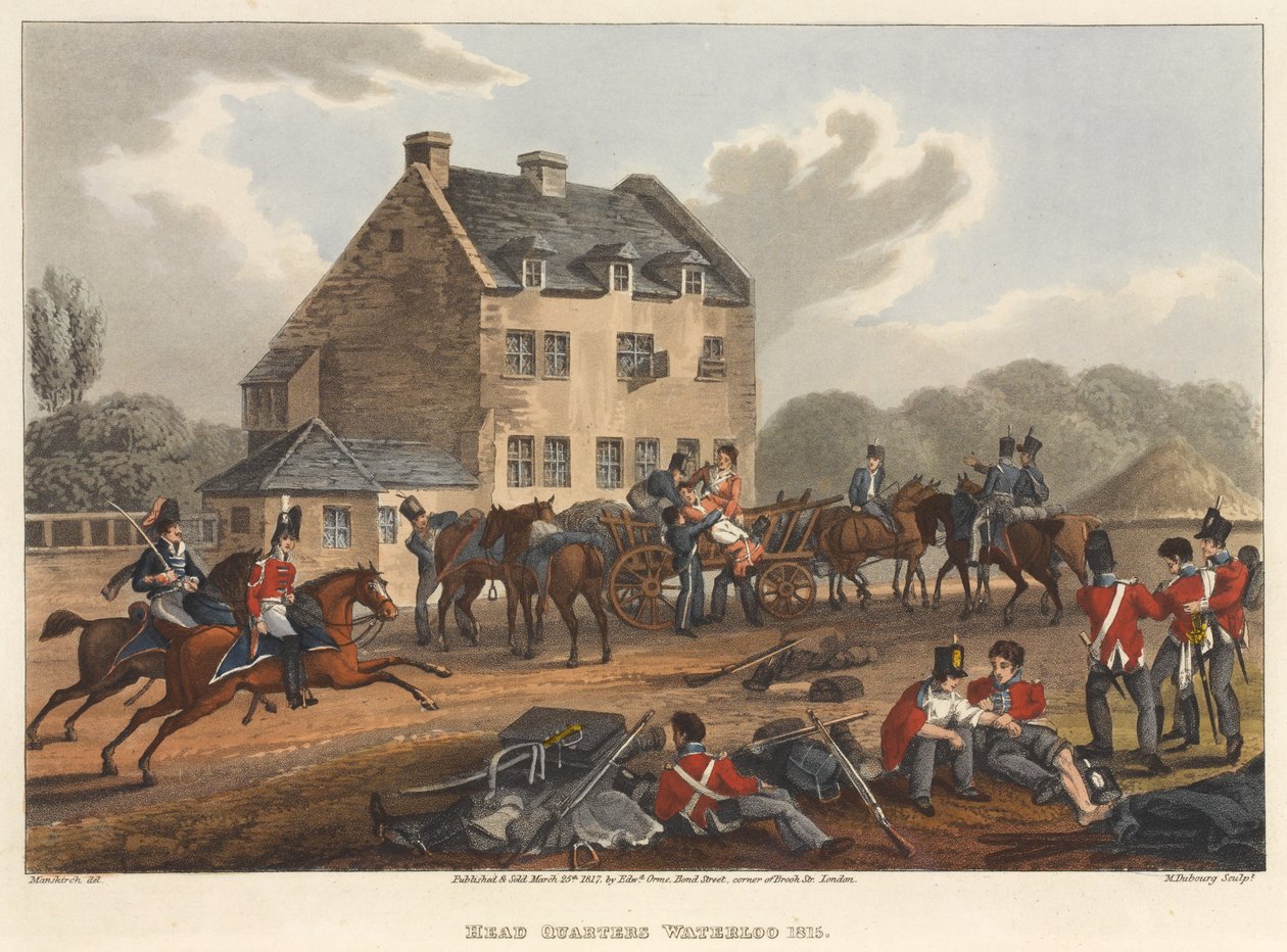 Päämaja Waterloo 1815, kaiverrus M. Dubourg, 1819 (värillinen akvatinta) tekijältä Franz Joseph Manskirch