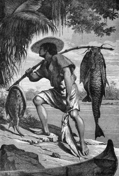 Yksi Mojo-intiaaniemme, joka palaa kalastuksesta Amazonin ja Madeiran joilta, Franz Keller, kaiverrus A. Closs, 1874 tekijältä Franz Keller