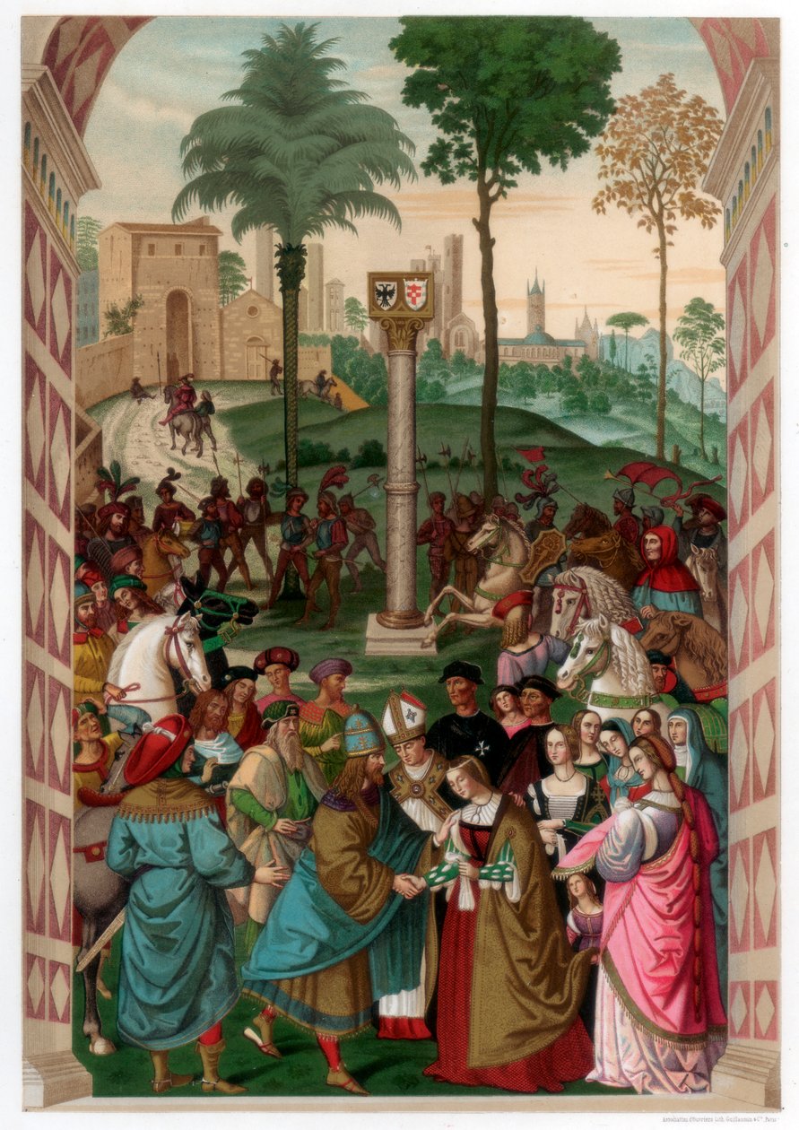 Aeneas Piccolomini esittelee portugalilaisen Eleonoran Frederick III:lle, 1502-1508, 1870 tekijältä Franz Kellerhoven