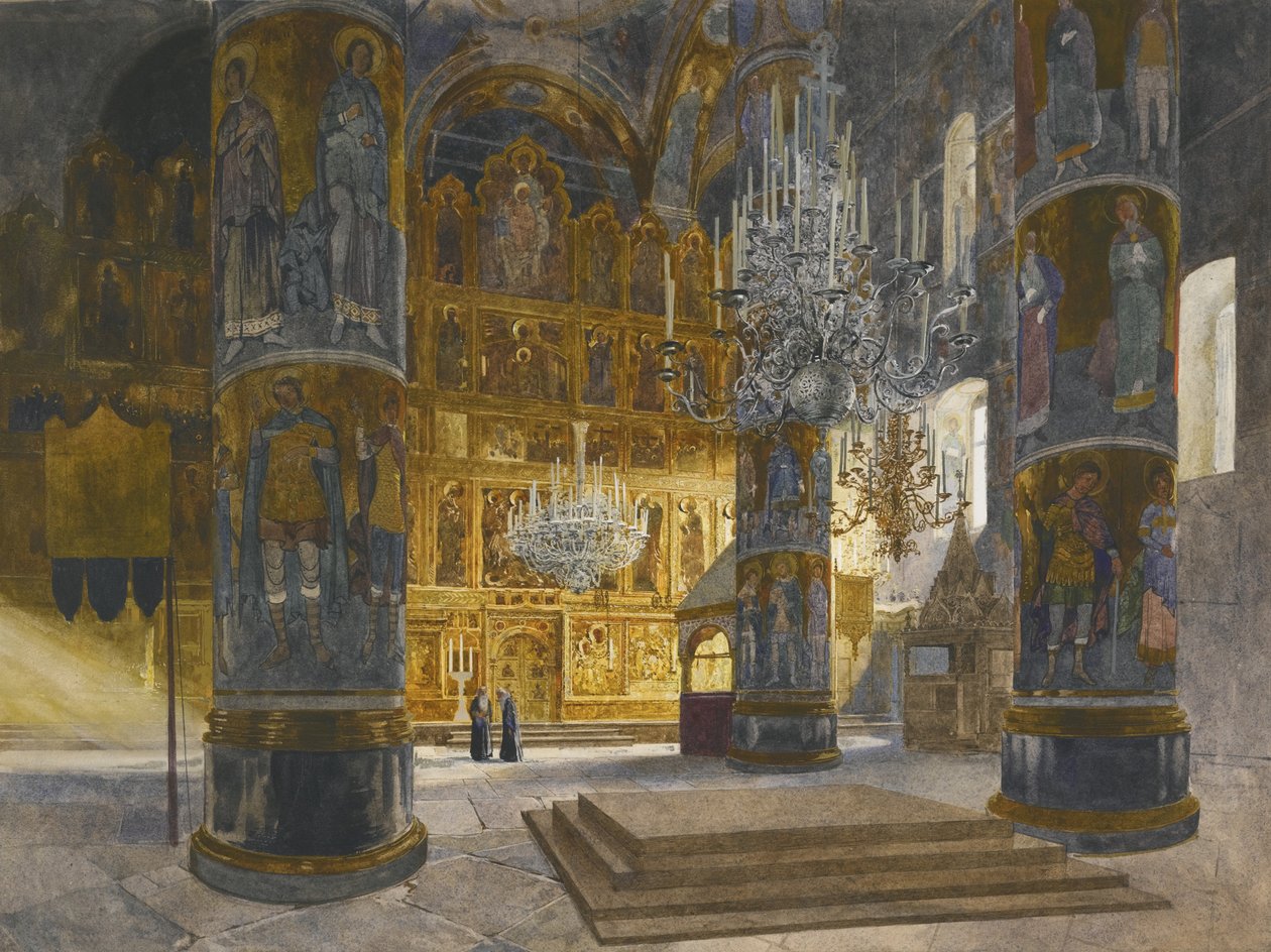 Moskovan Kremlissä sijaitsevan Dormition-katedraalin sisustus, 1898 tekijältä Franz Kopallik