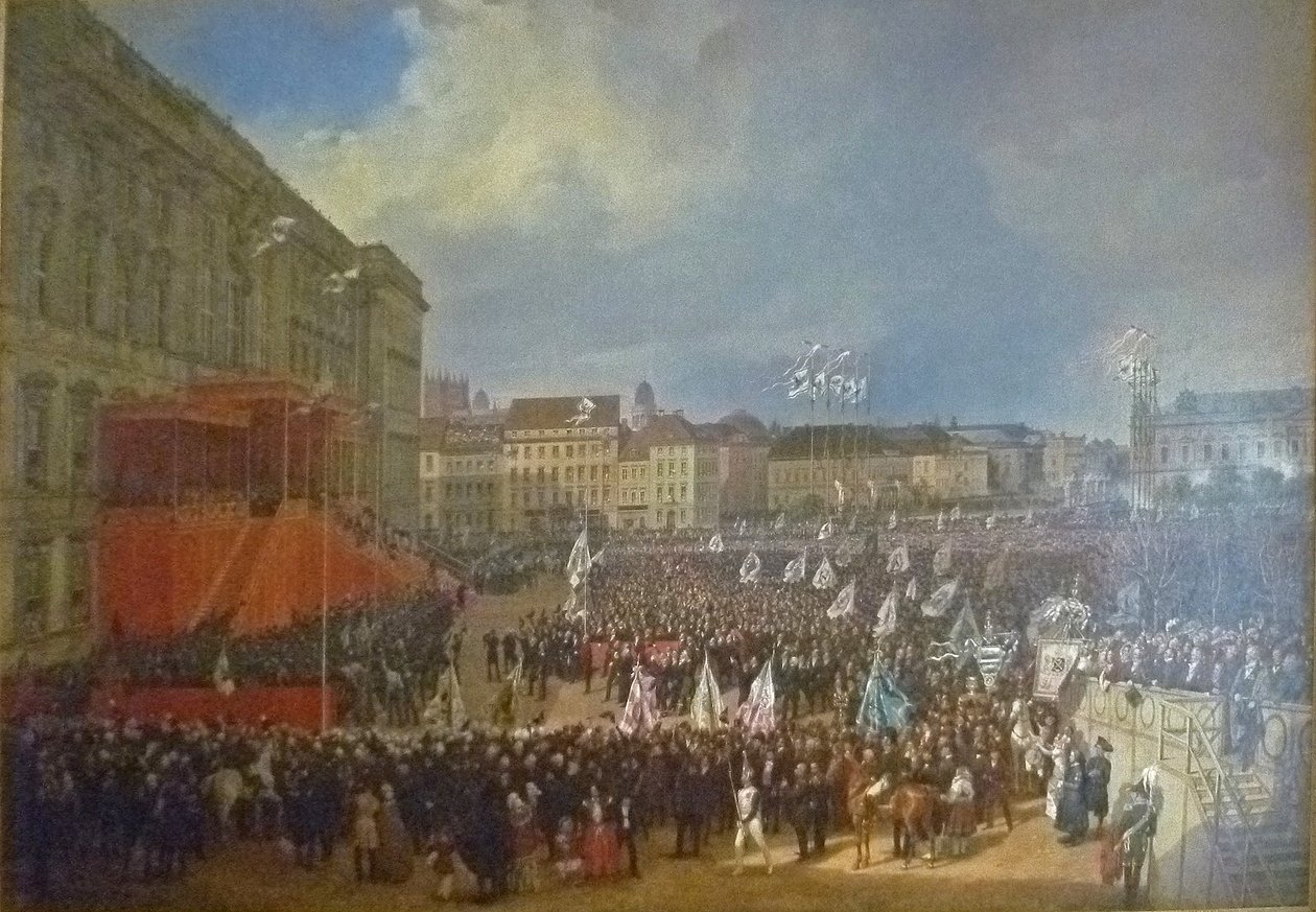 Friedrich Vilhelm IV:n kunniaksi Berliinin kaupungintalon edessä. tekijältä Franz Krüger