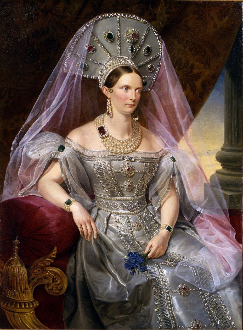 Preussin keisarinna Aleksandra Fjodorovna Charlotten muotokuva kokoshnikissa, n. 1836 tekijältä Franz Krüger