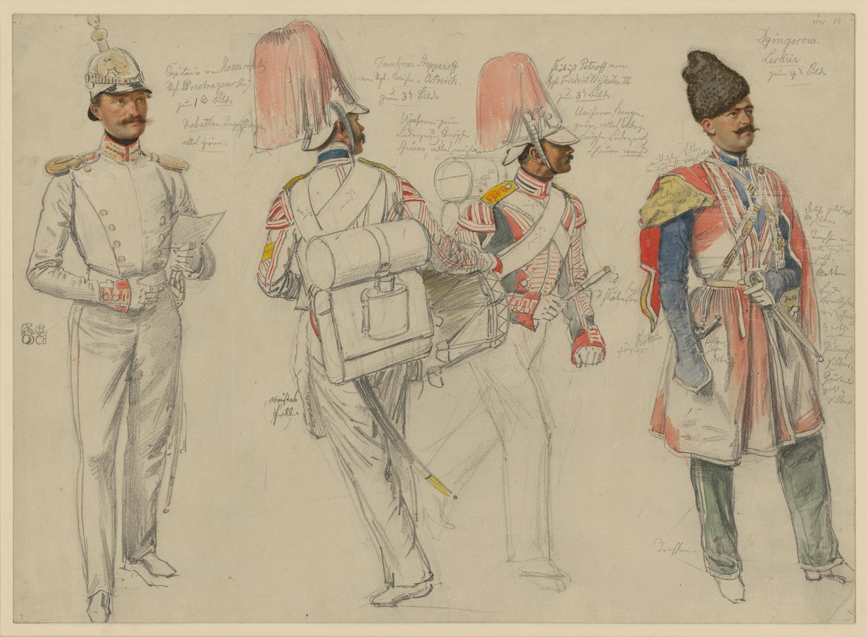 Kossacowski, Preobraschenskin rykmentin kapteeni; Steppanoff, Itävallan keisarin rykmentin rumpali; Petroff, Friedrich Wilhelm III:n rykmentin huilisti; Dgingosow, Leskier tekijältä Franz Krüger