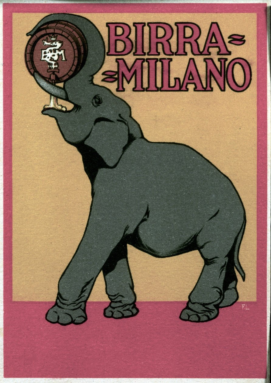 Franz Laskoffin (1869-1921) kuvittama Milano-oluen mainosjuliste, joka esittää elefanttia, joka juo runkonsa suoraan tynnyristä. 20. vuosisata tekijältä Franz Laskoff