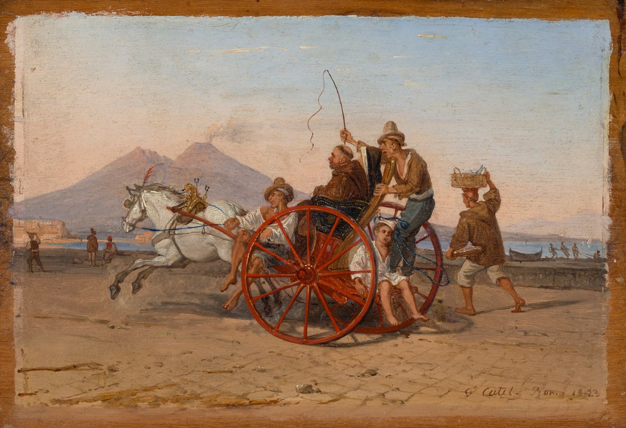 "Kapusiiniluori ja nunna ajellaan napolilaisella carrettella Napolin satamassa" tekijältä Franz Ludwig Catel