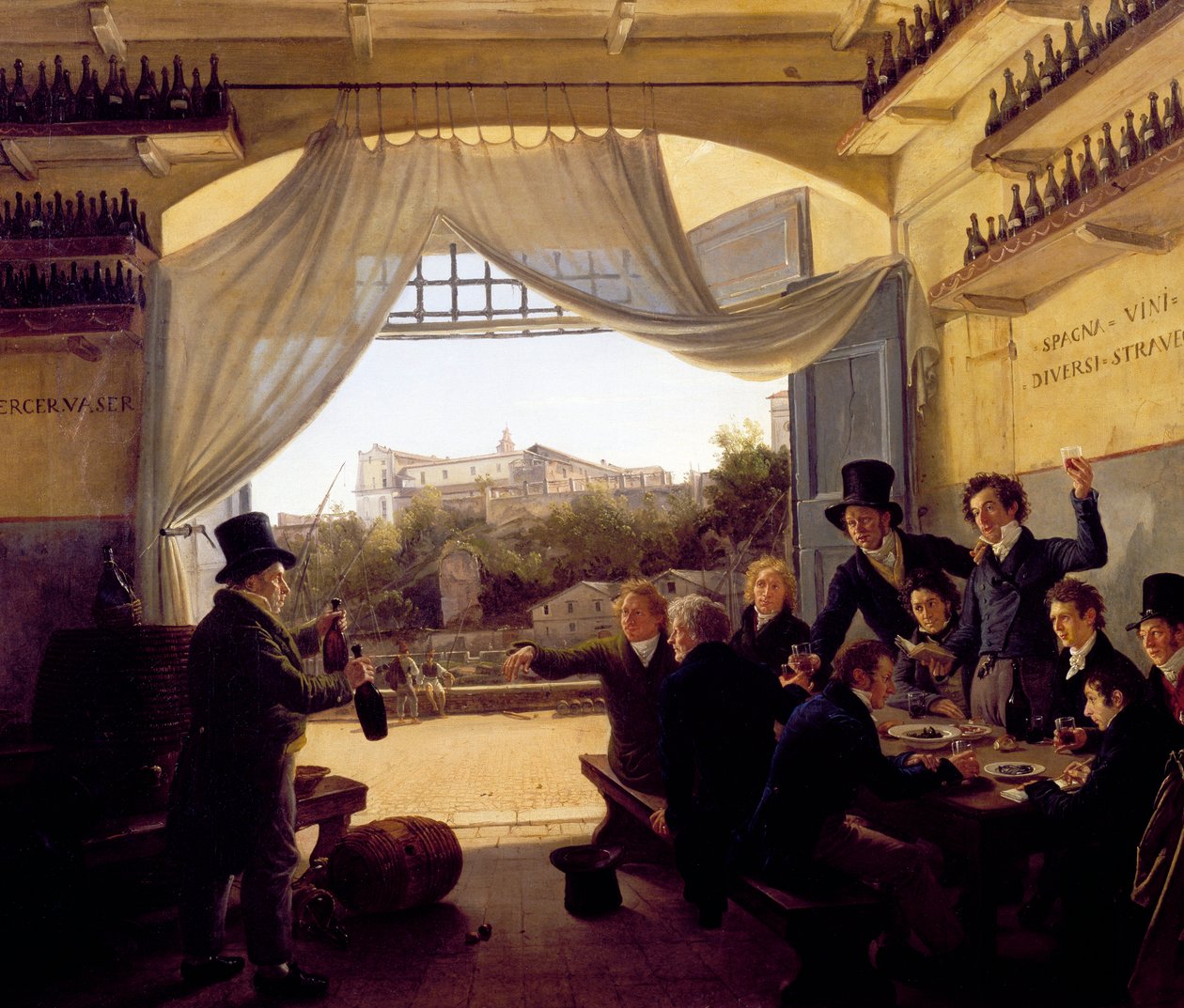 Louis II de Baviere juomassa ystäviensä kanssa espanjalaisessa viinituvassa Roomassa. 1824 (öljy puulle). tekijältä Franz Ludwig Catel
