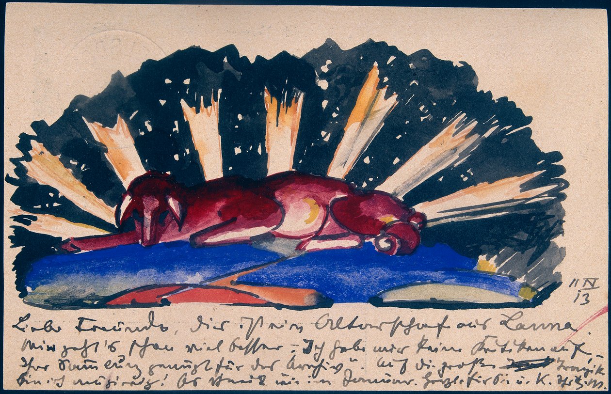 "Alttarilammas Lanasta", Franz Marc Sindelsdorfista Gabriele Münterille Münchenissä: postikortti, postileima 11. huhtikuuta 1913 tekijältä Franz Marc