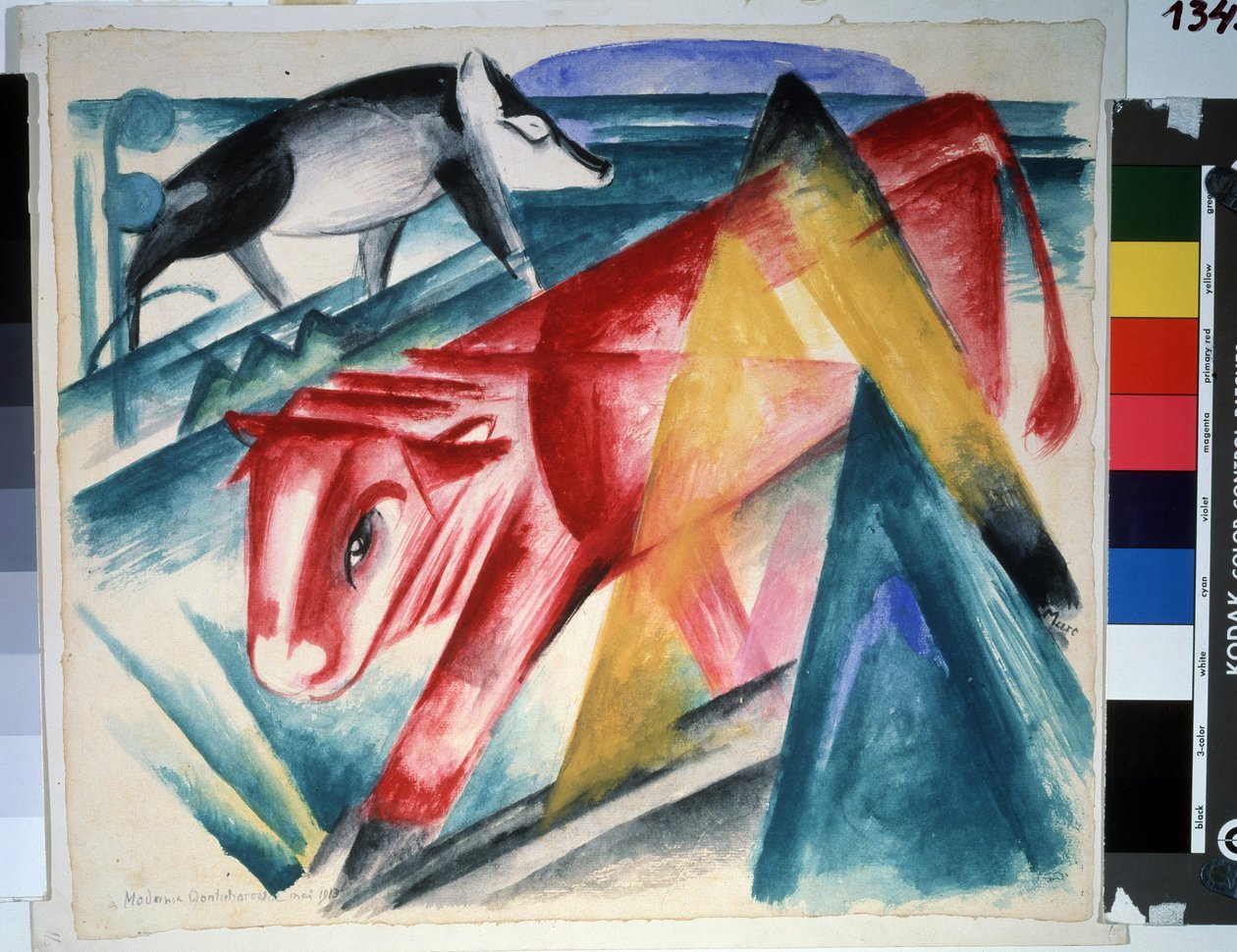 ""Eläimet"" (Eläimet) Lehmä ja villisia. Franz Marcin (1880-1916) akvarelli (ekspressionismi) 1913. Koko 39x45 cm Pushkin-museo, Moskova tekijältä Franz Marc