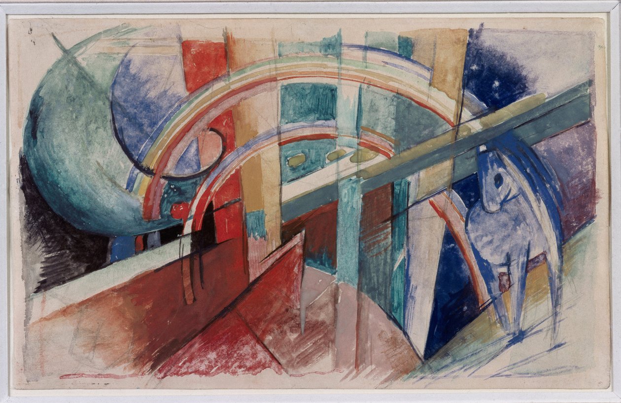 Sininen hevonen ja sateenkaaripiirros lyijykynällä ja akvarellilla, Franz Marc tekijältä Franz Marc
