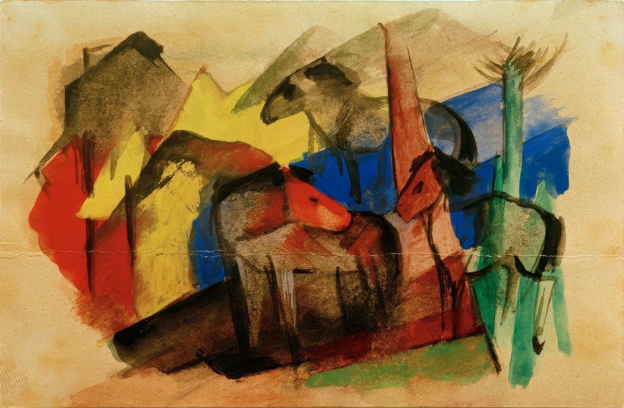 Drei Pferde in Landschaft mit Häusern tekijältä Franz Marc