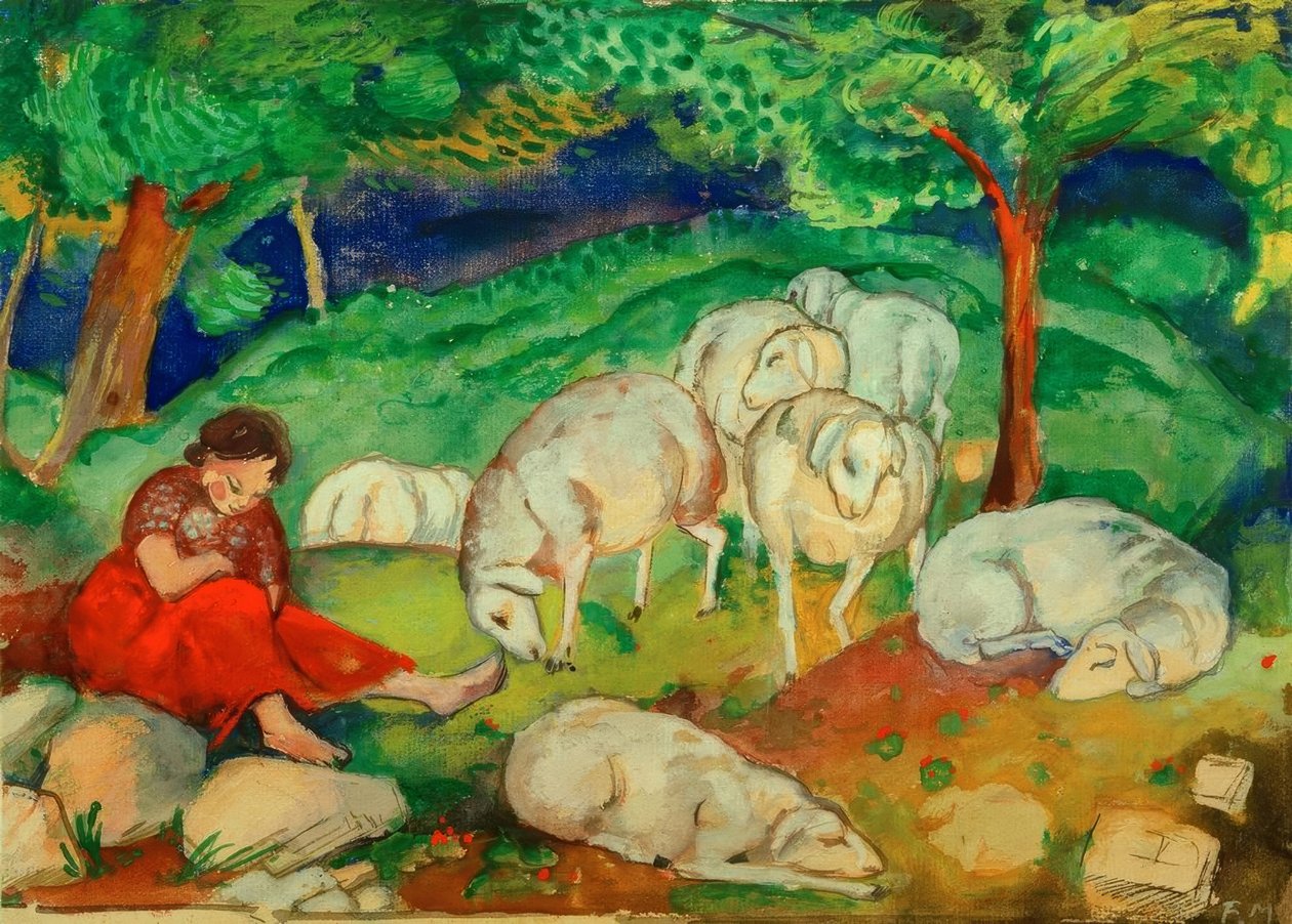 Paimentolaisnainen lampaiden kanssa tekijältä Franz Marc