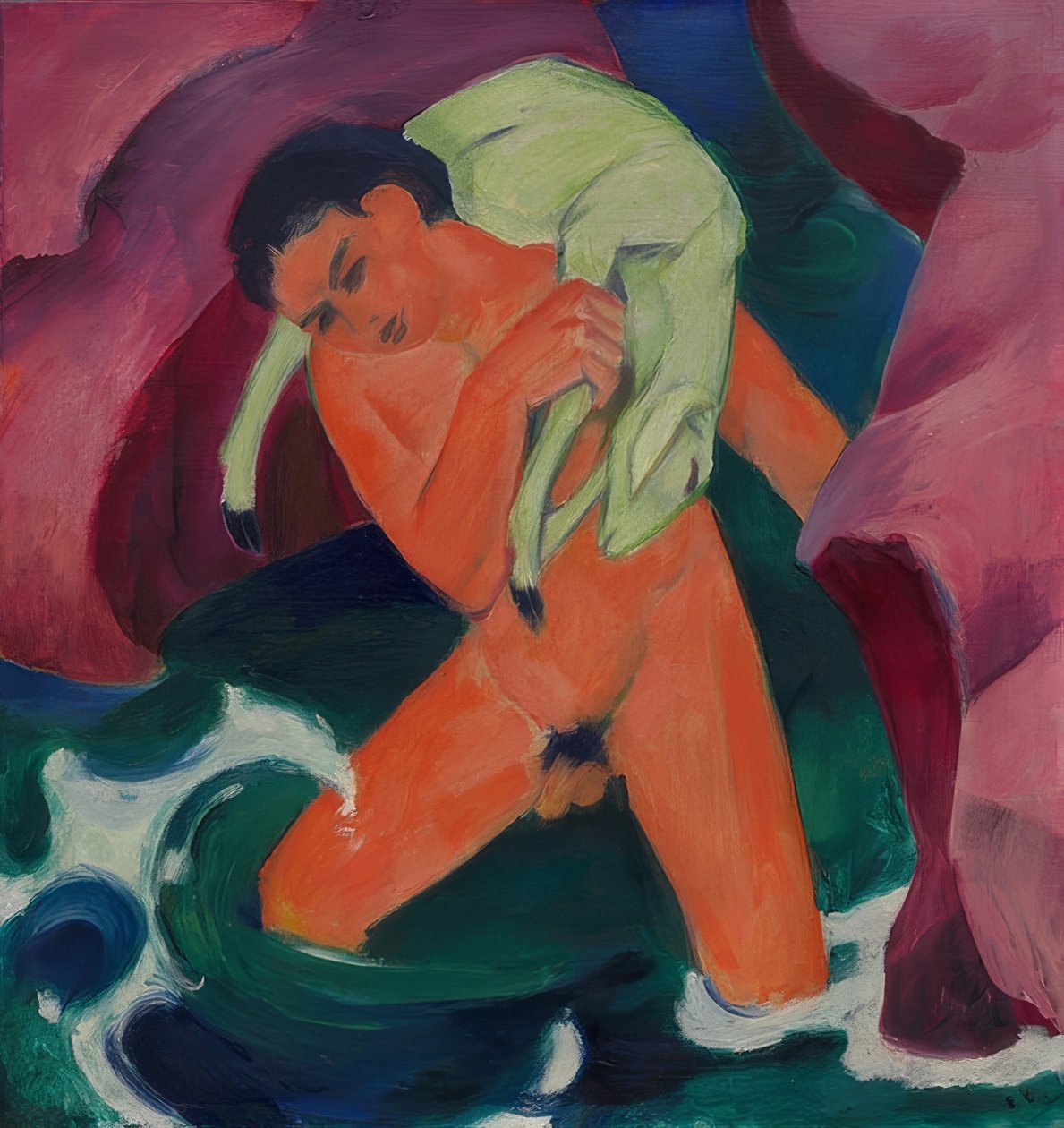 Poika lampaan kanssa. Hyvä paimen. 1911 tekijältä Franz Marc