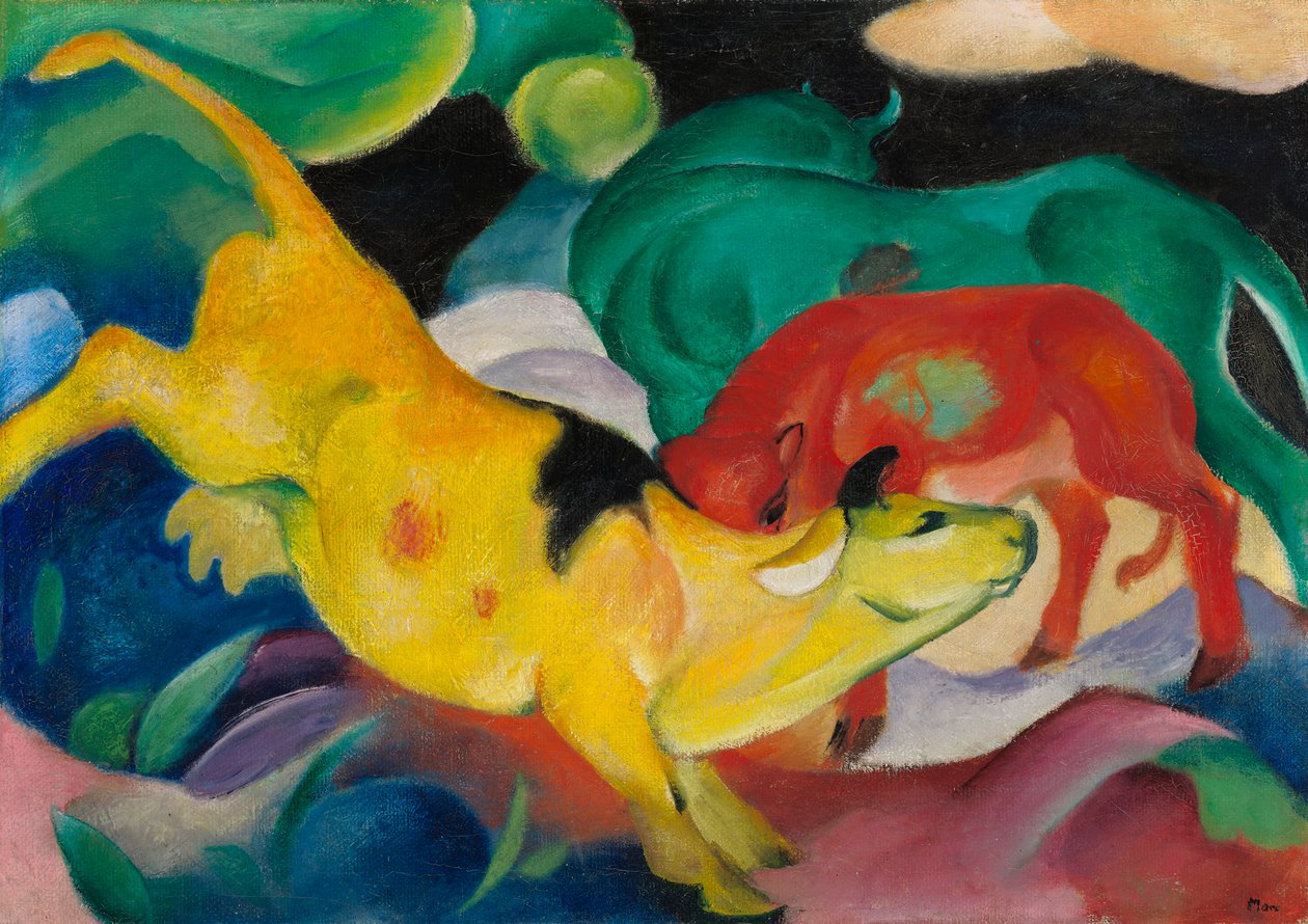 Lehmät, punainen, vihreä, keltainen tekijältä Franz Marc