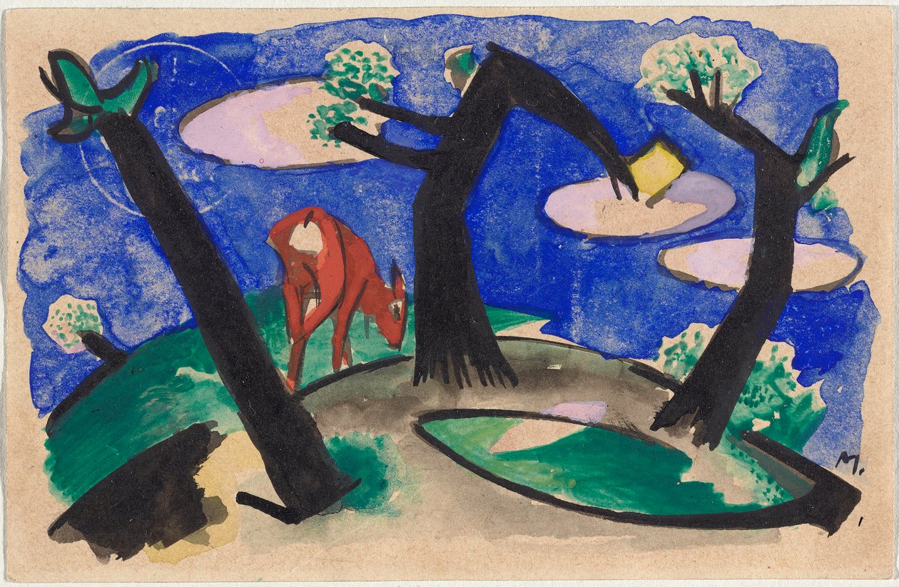 Maisema punaisen eläimen kanssa, postikortti Sindelsdorfista Alfred Kubinille Wernsteinissa/Zwickledtissä tekijältä Franz Marc