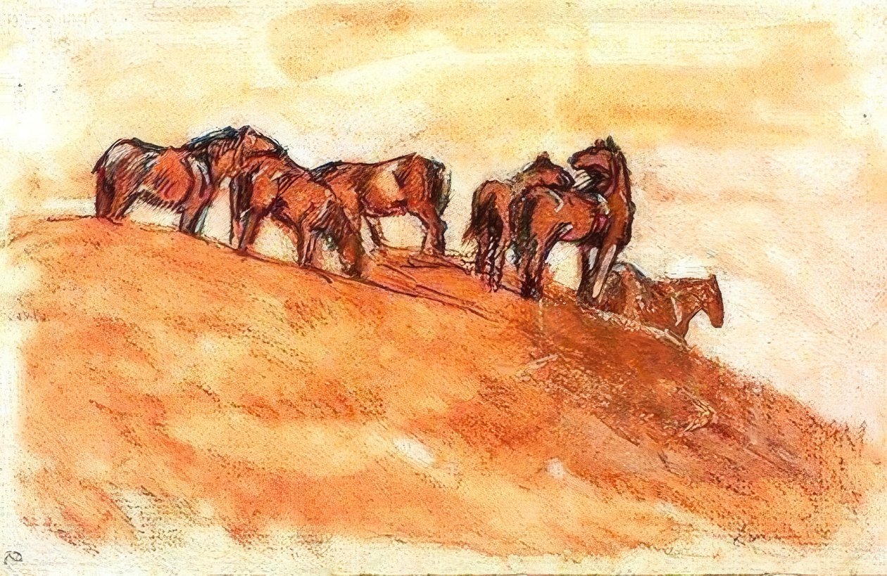 Hevoset seisovat ilmaa vasten vuoren tasolla tekijältä Franz Marc