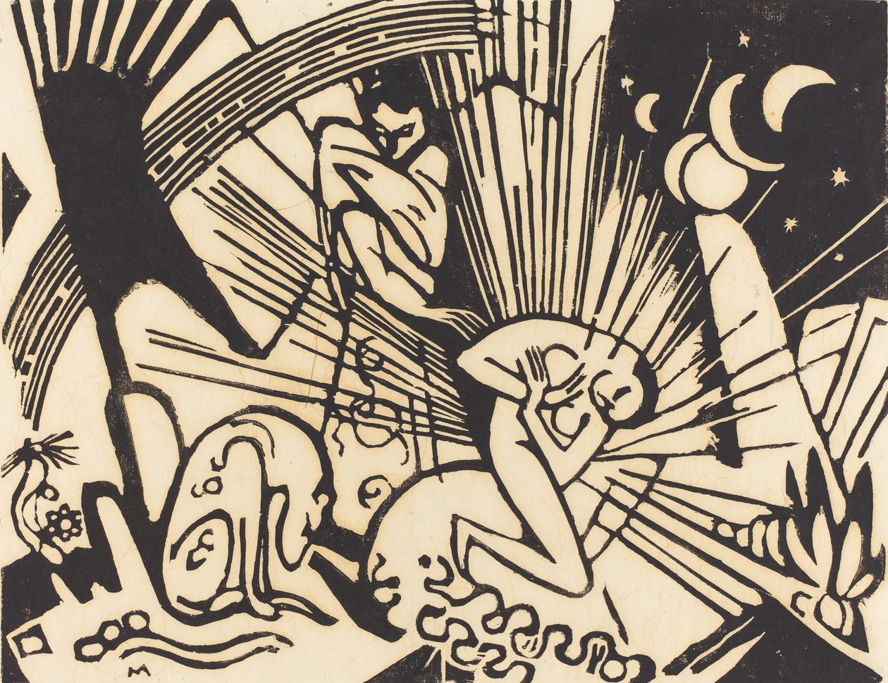 Sovinto (Versoehnung), 1912 (puupiirros mustalla japaninpaperilla) tekijältä Franz Marc