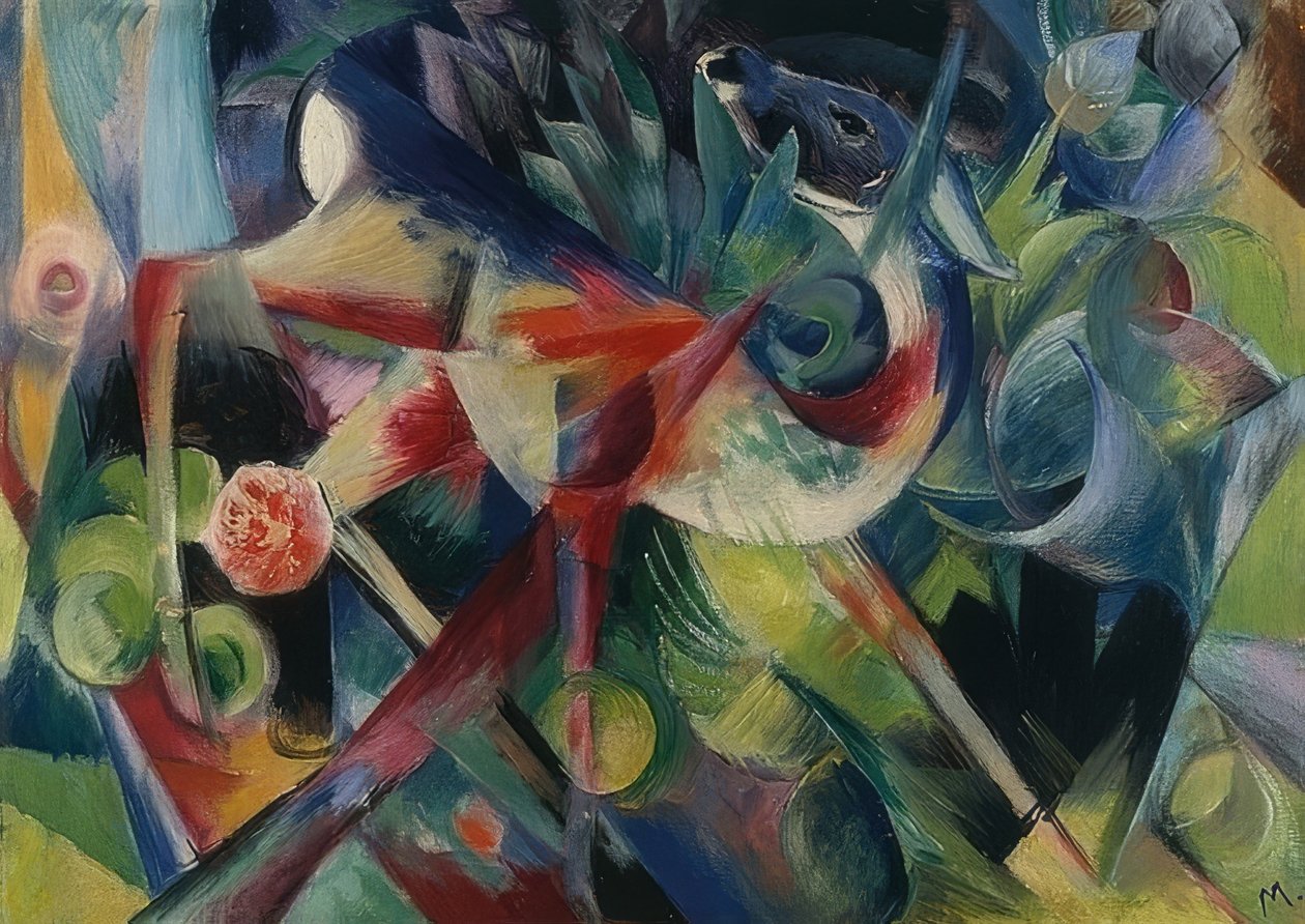 Hirvi kukkapuutarhassa. 1913 tekijältä Franz Marc