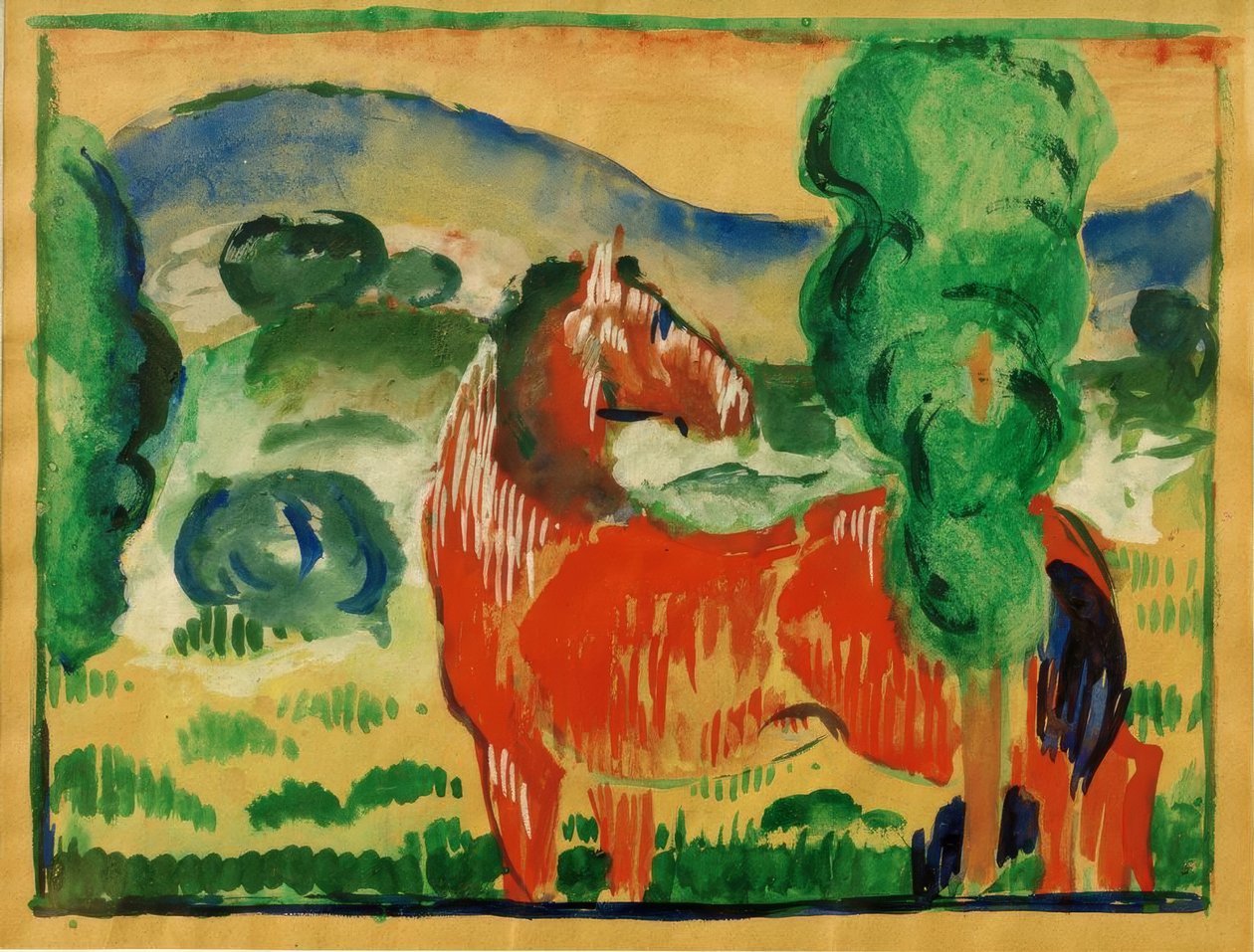 Rotes Pferd in farbiger Landschaft tekijältä Franz Marc