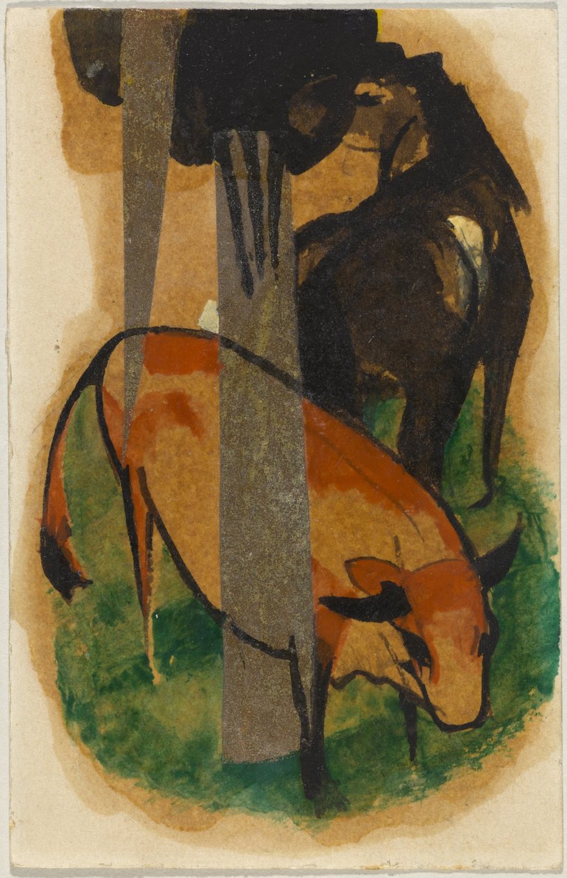 Punainen hevonen ja keltainen karja (mustaruskea hevonen ja keltainen karja), postikortti Sindelsdorfista Alfred Kubinille Wernstein/Zwickledtissä tekijältä Franz Marc