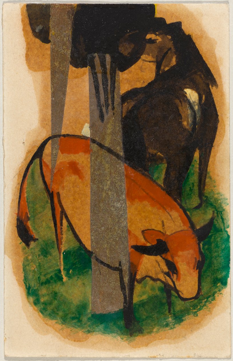 Rotes Pferd und gelbes Rind, Postkarte aus Sindelsdorf an Alfred Kubin tekijältä Franz Marc