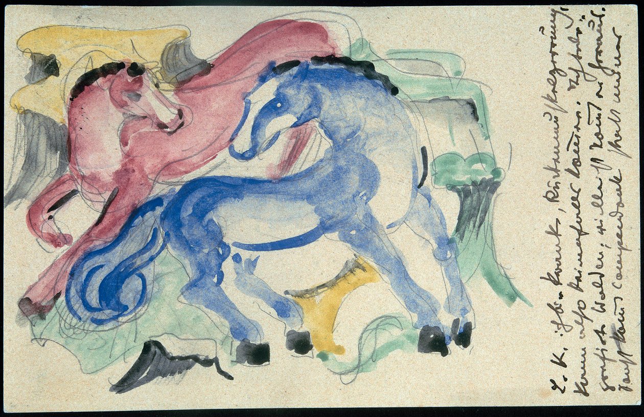 "Punainen ja sininen hevonen", Franz Marc Sindelsdorfista Wassily Kandinskylle Münchenissä: postikortti, postileima 5.4.1913 tekijältä Franz Marc