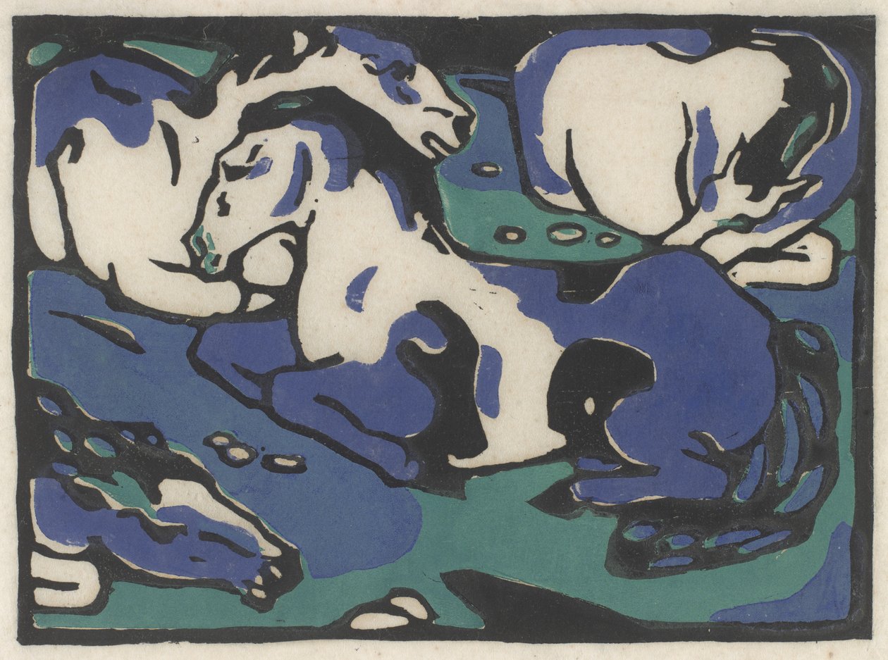 Ruhende Pferde (Lepäävät hevoset), 1911-1912, painettu 1916 (puupiirros mustalla, sinisellä ja vihreällä japanilaiselle paperille) tekijältä Franz Marc