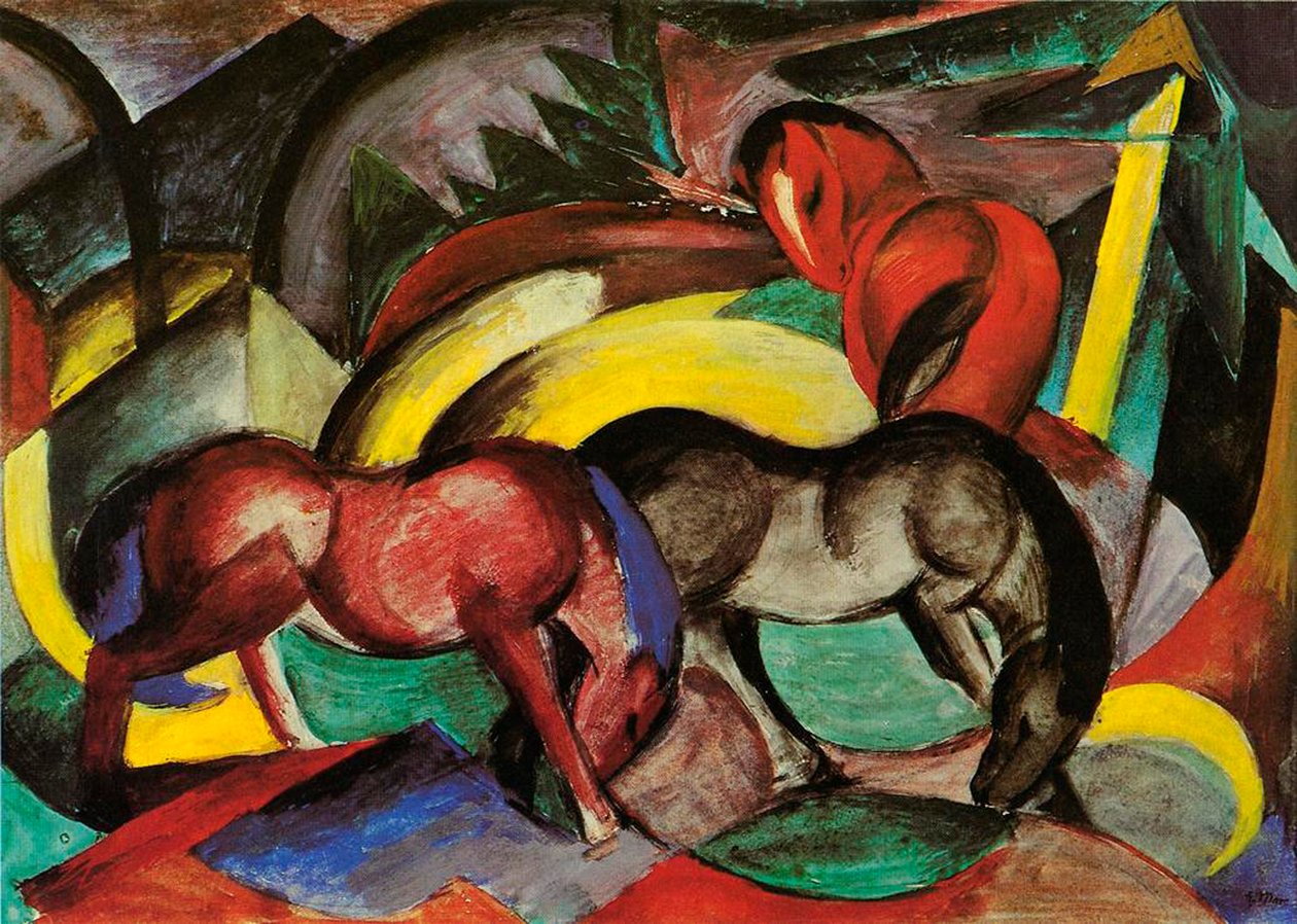 Kolme hevosta, 1912 (sekoitetut materiaalit paperille) tekijältä Franz Marc